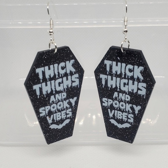 Thick Thighs and Spooky Vibes Coffin Glitter Earrings - Picture 1 of 3